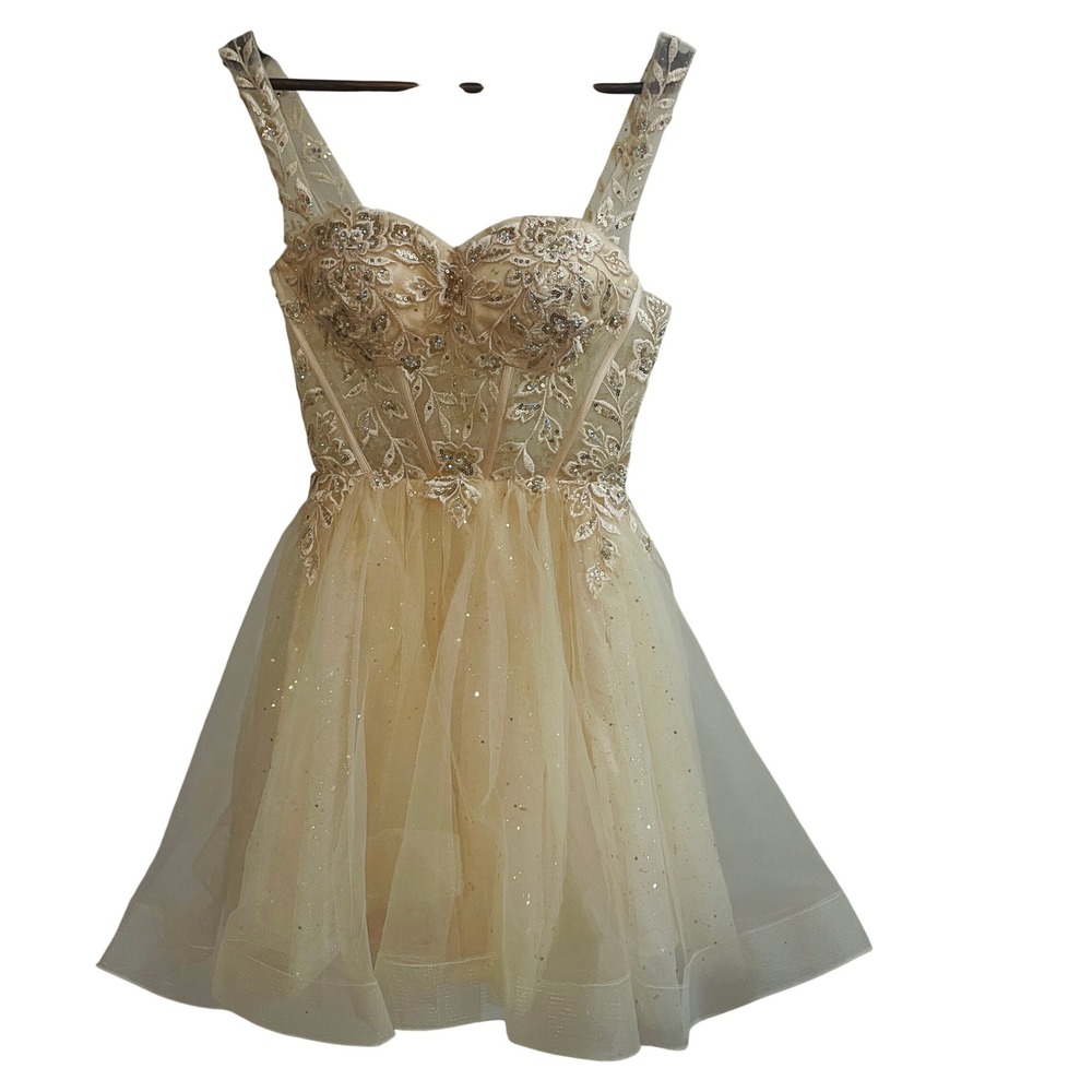 Womens Y2K Fairy Gold Floral Sequin Tulle Formal Corset Dress XS Homecoming